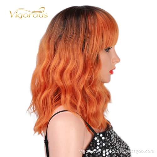 Best Quality Wholesale Glueless With Bang Ombre Black Auburn African Loose Wave Cheap Afro Heat Safe Synthetic Wig